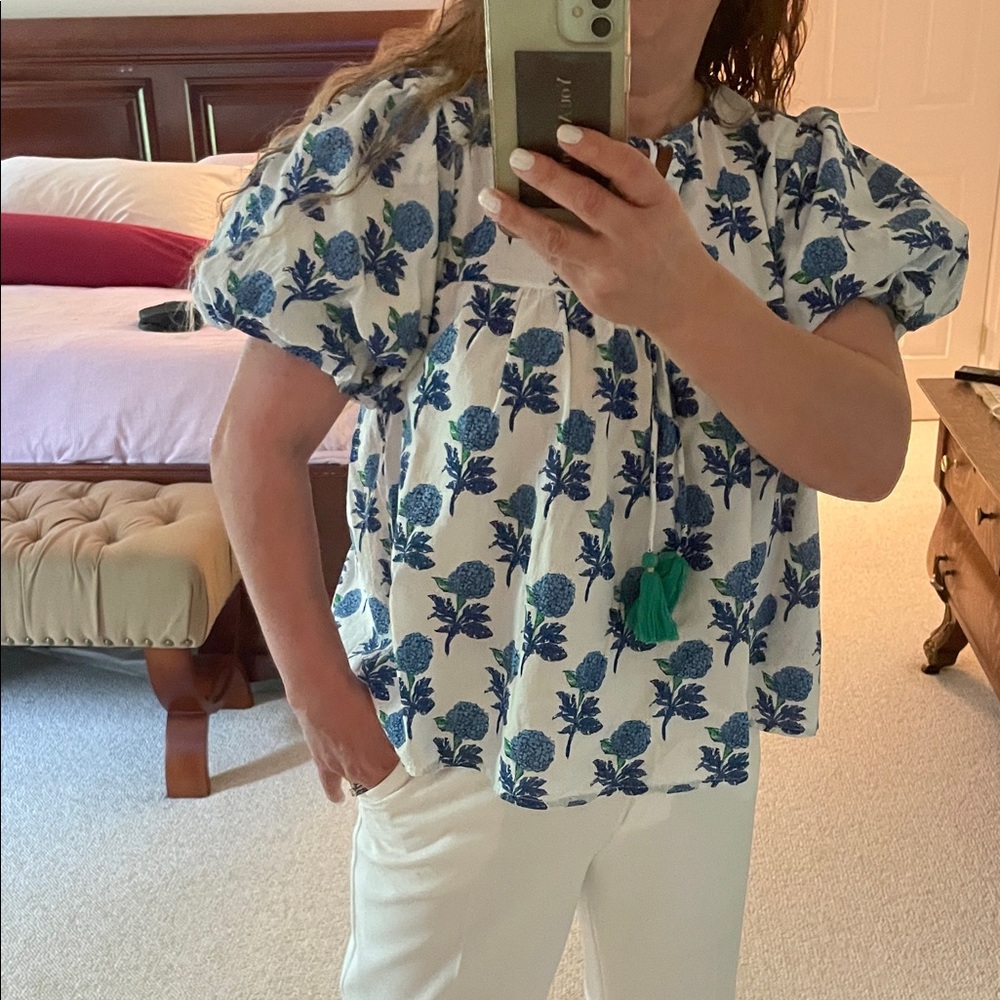 THML White Blouse with Blue Floral Print and Green Tassel Tie - Picture 3 of 3